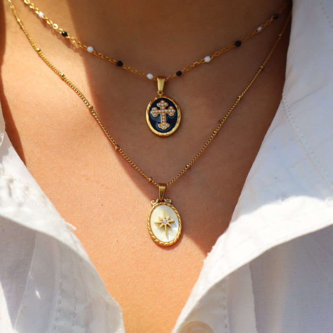 Blue and white beaded cross 18k gold plated necklace