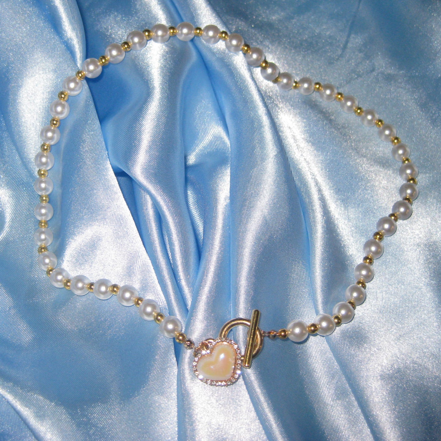 gold pearl pink heart necklace