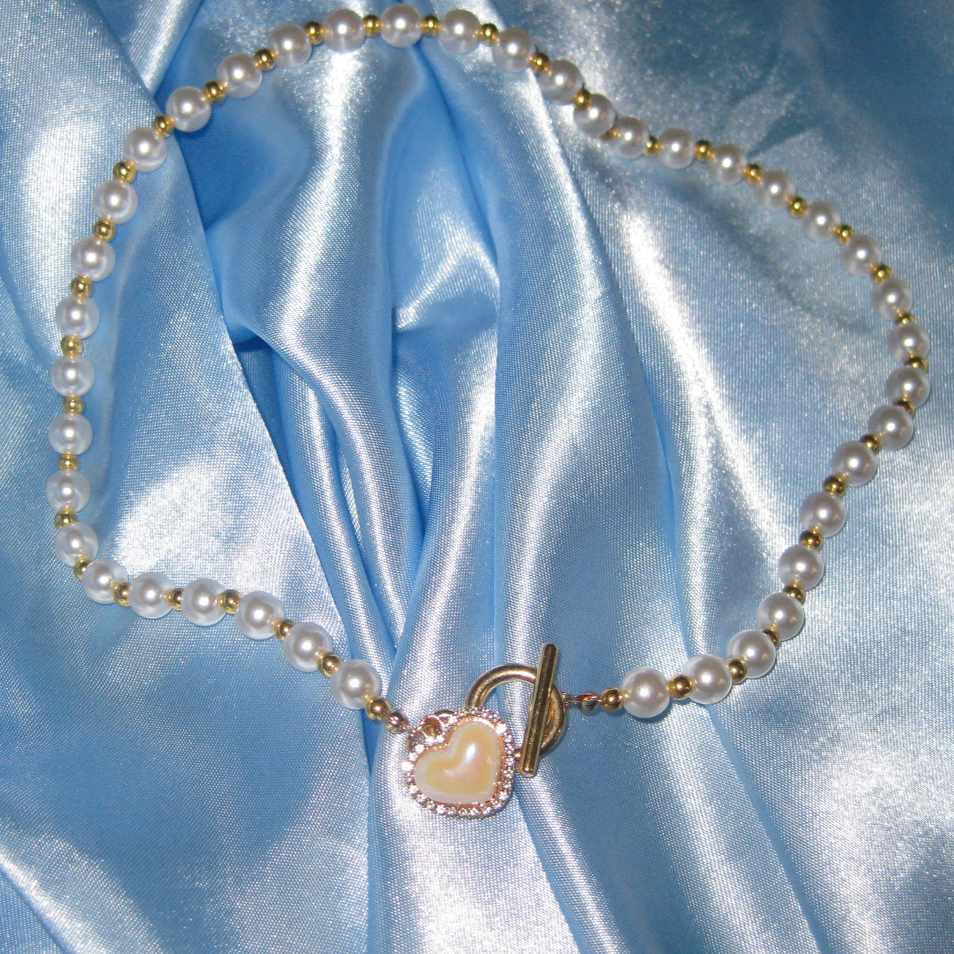 gold pearl pink heart necklace