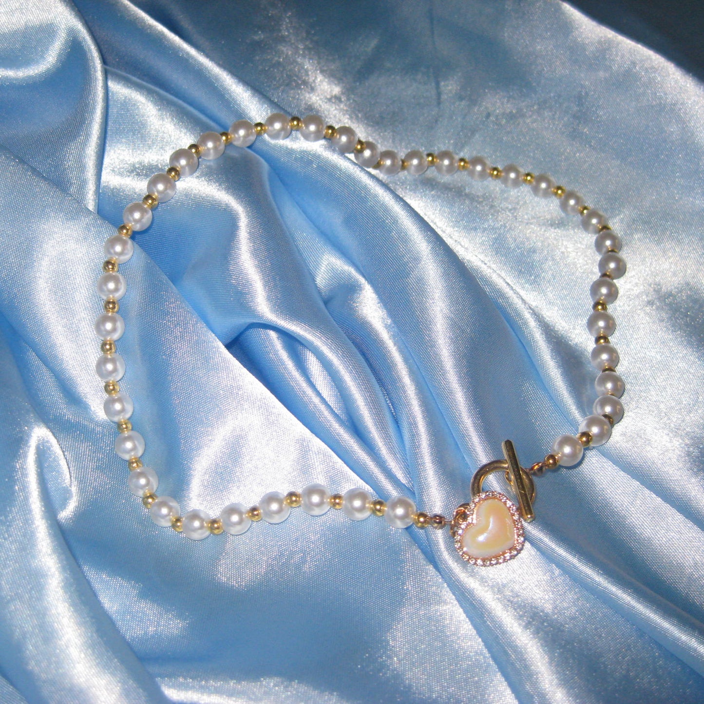 gold pearl pink heart necklace