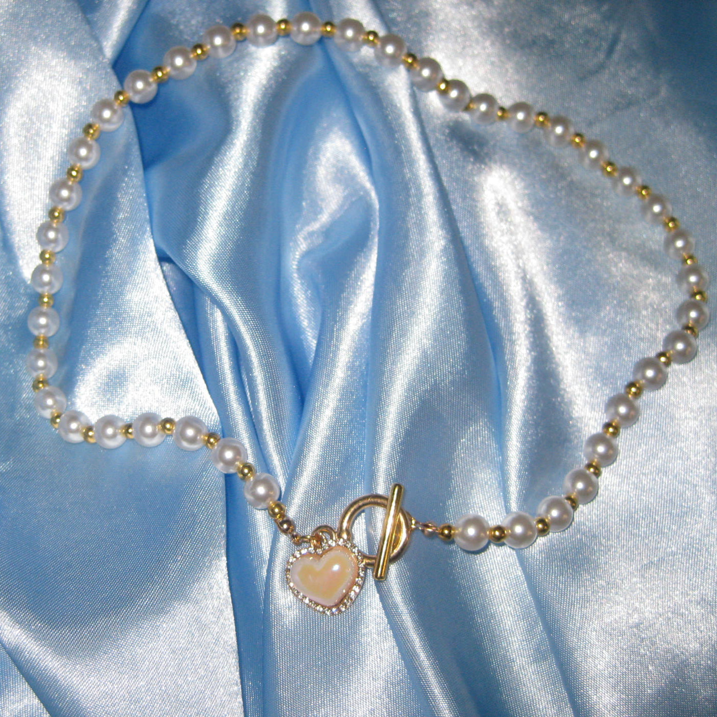 gold pearl pink heart necklace