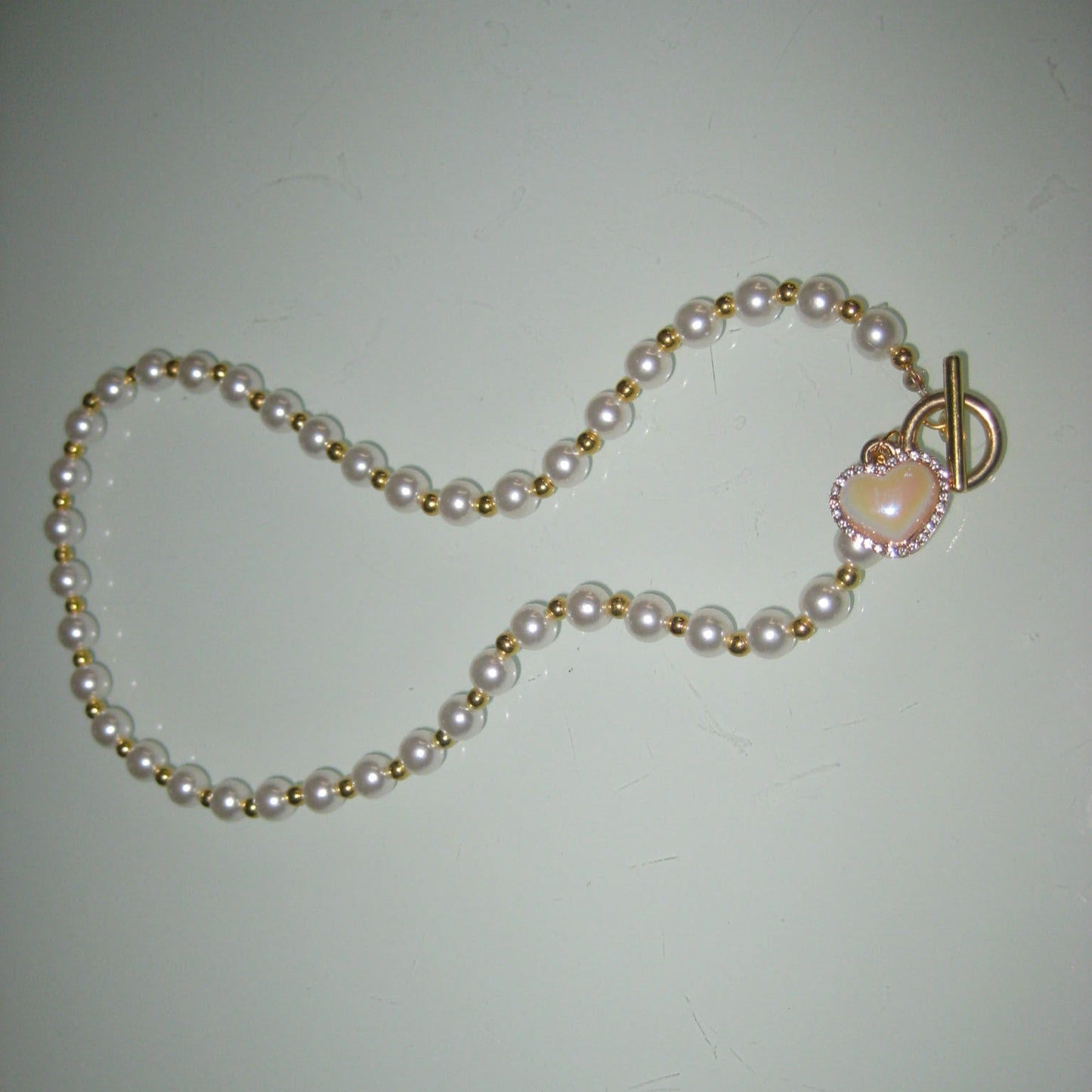 gold pearl pink heart necklace