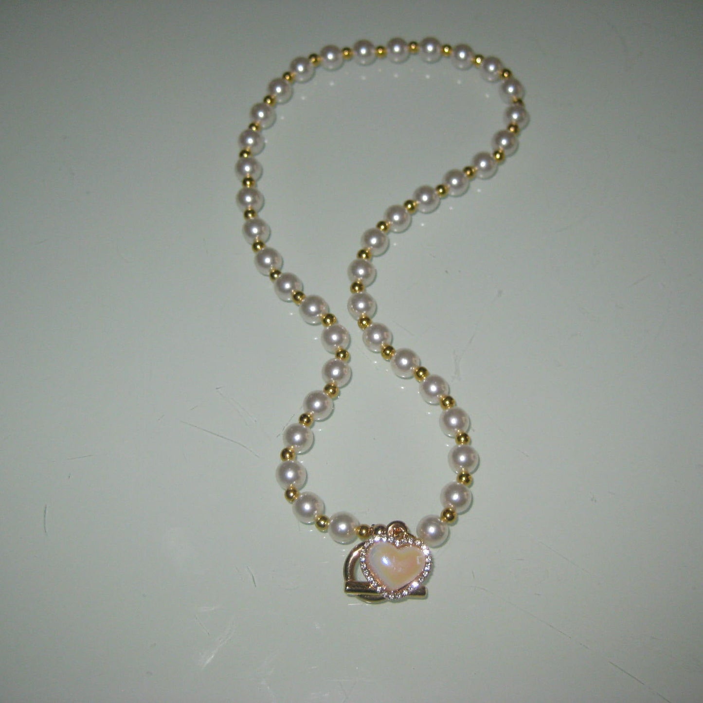 gold pearl pink heart necklace