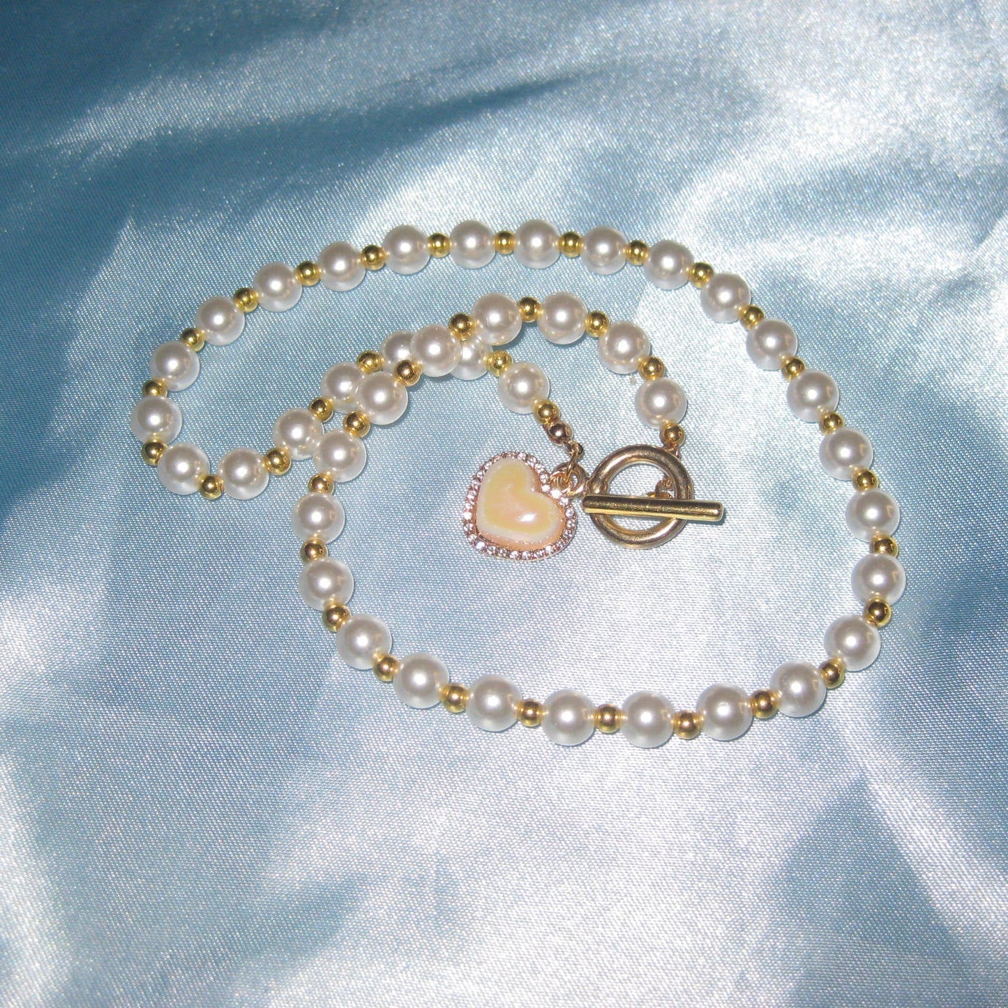 gold pearl pink heart necklace
