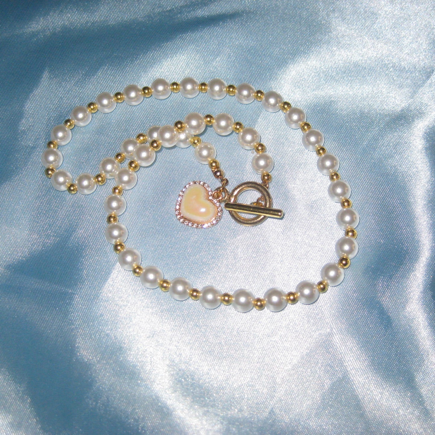 gold pearl pink heart necklace