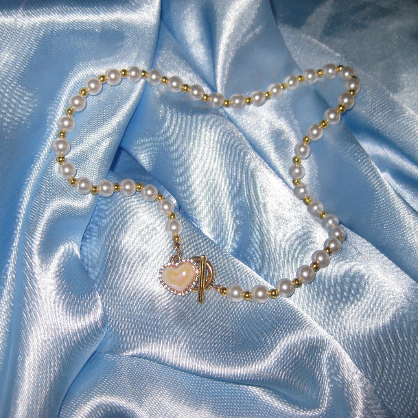 gold pearl pink heart necklace