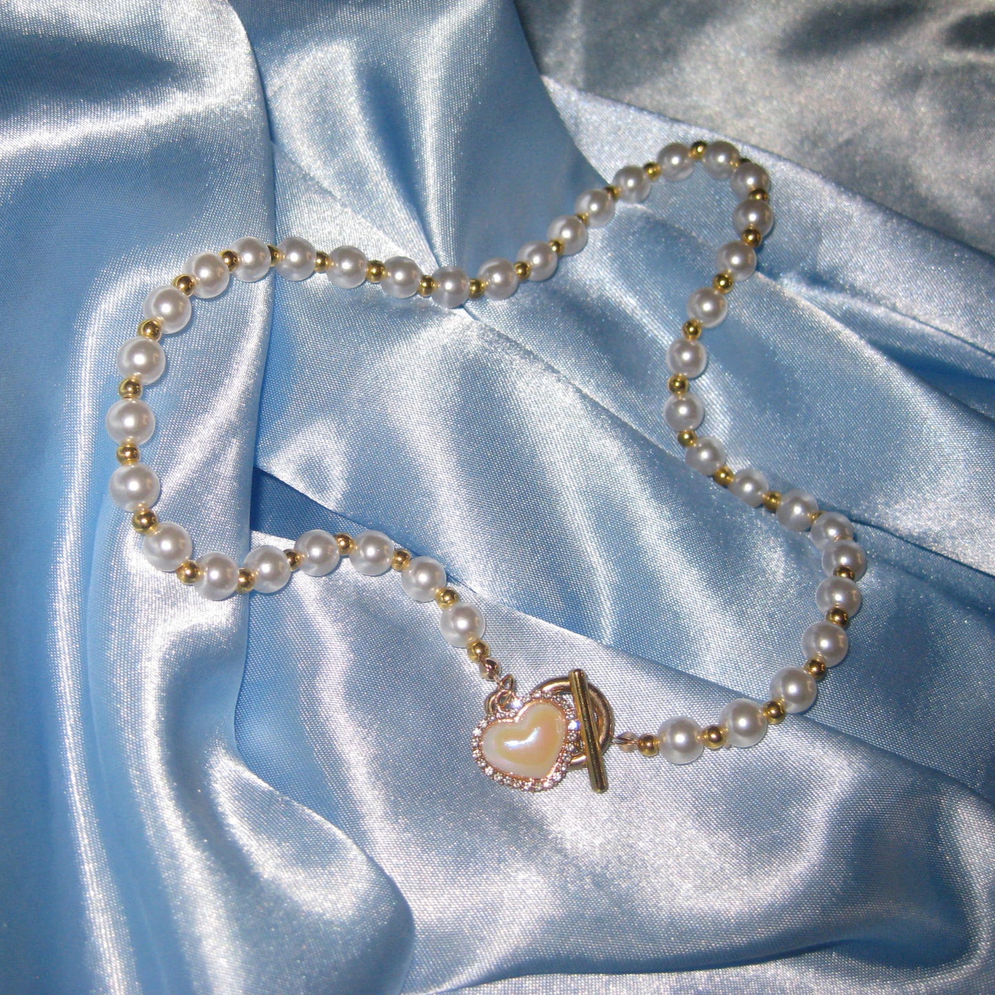 gold pearl pink heart necklace