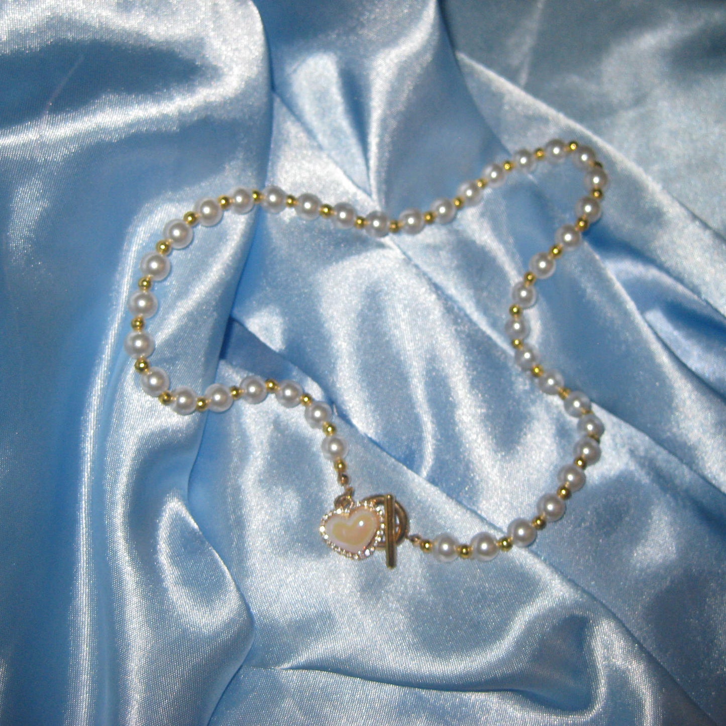 gold pearl pink heart necklace