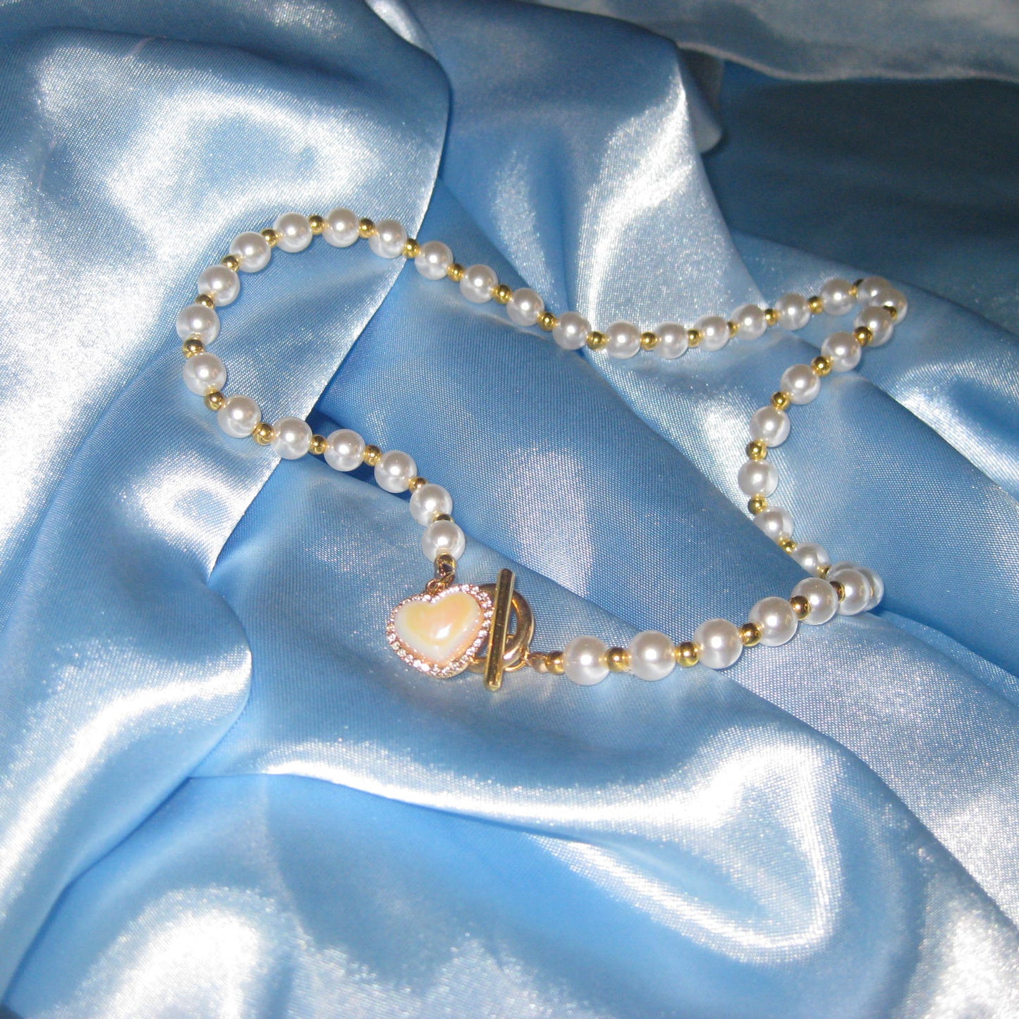 gold pearl pink heart necklace