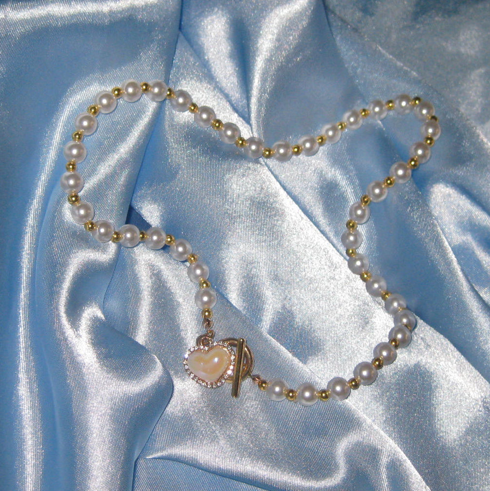 gold pearl pink heart necklace