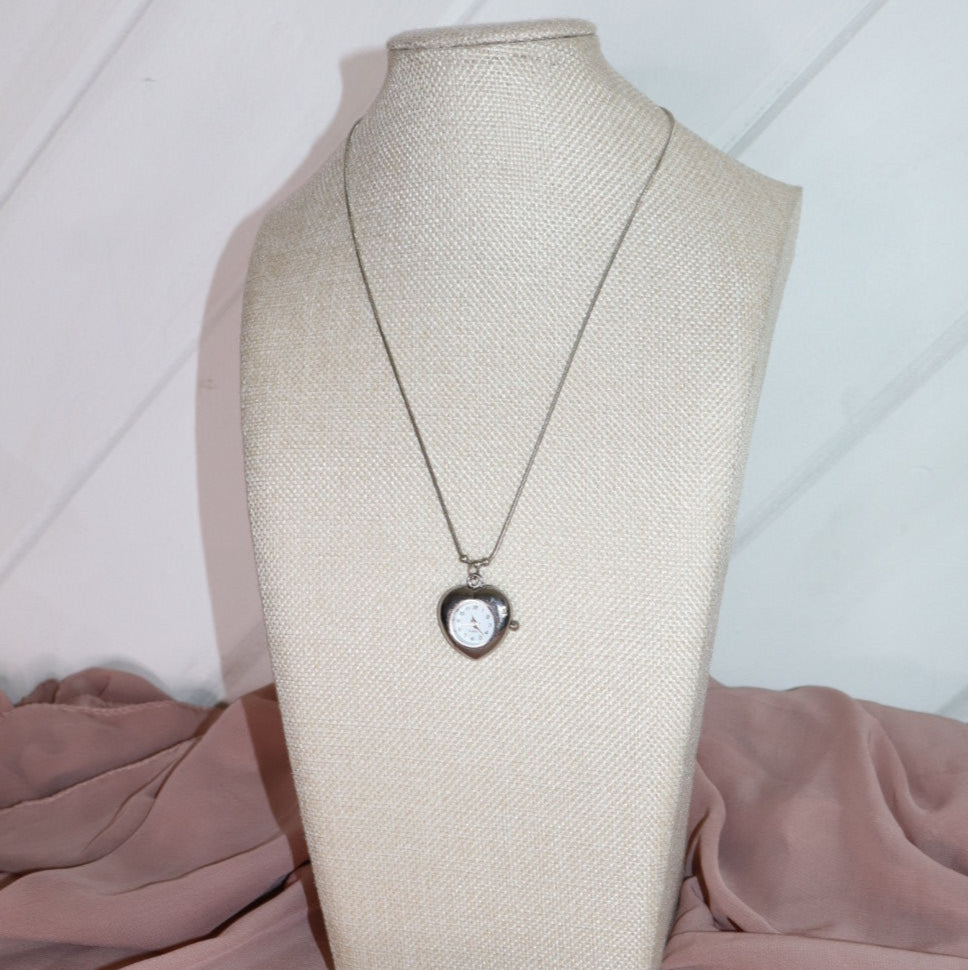 silver heart shaped watch necklace