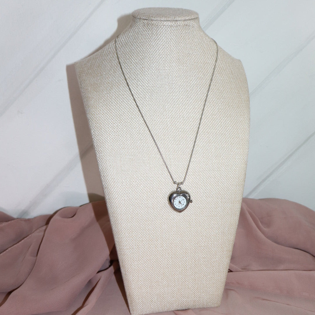 silver heart shaped watch necklace