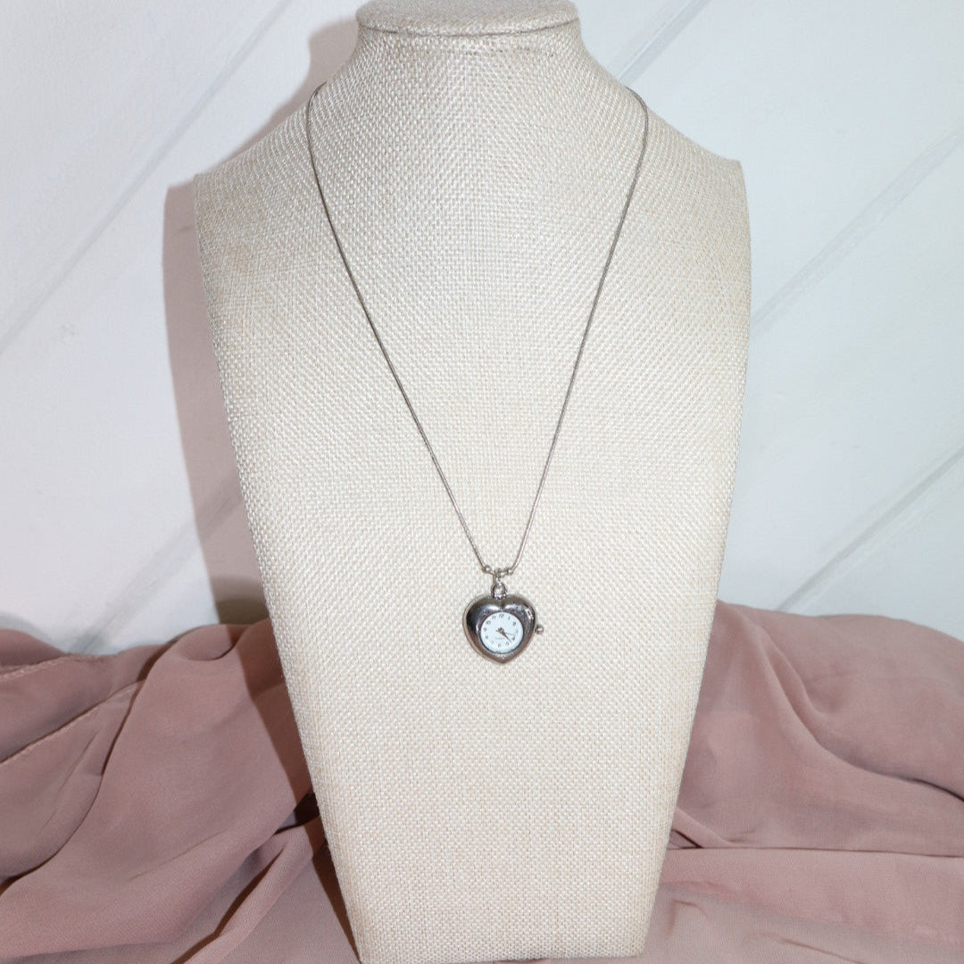 silver heart shaped watch necklace