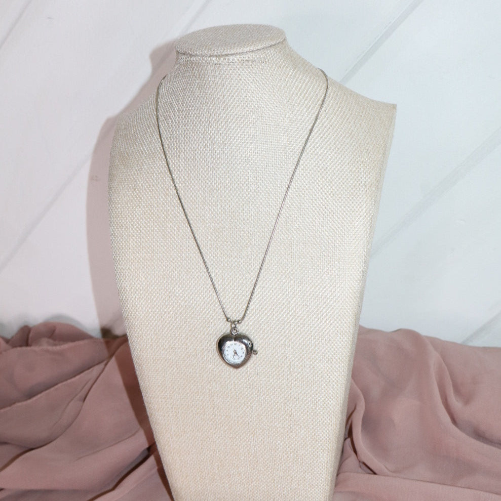 silver heart shaped watch necklace