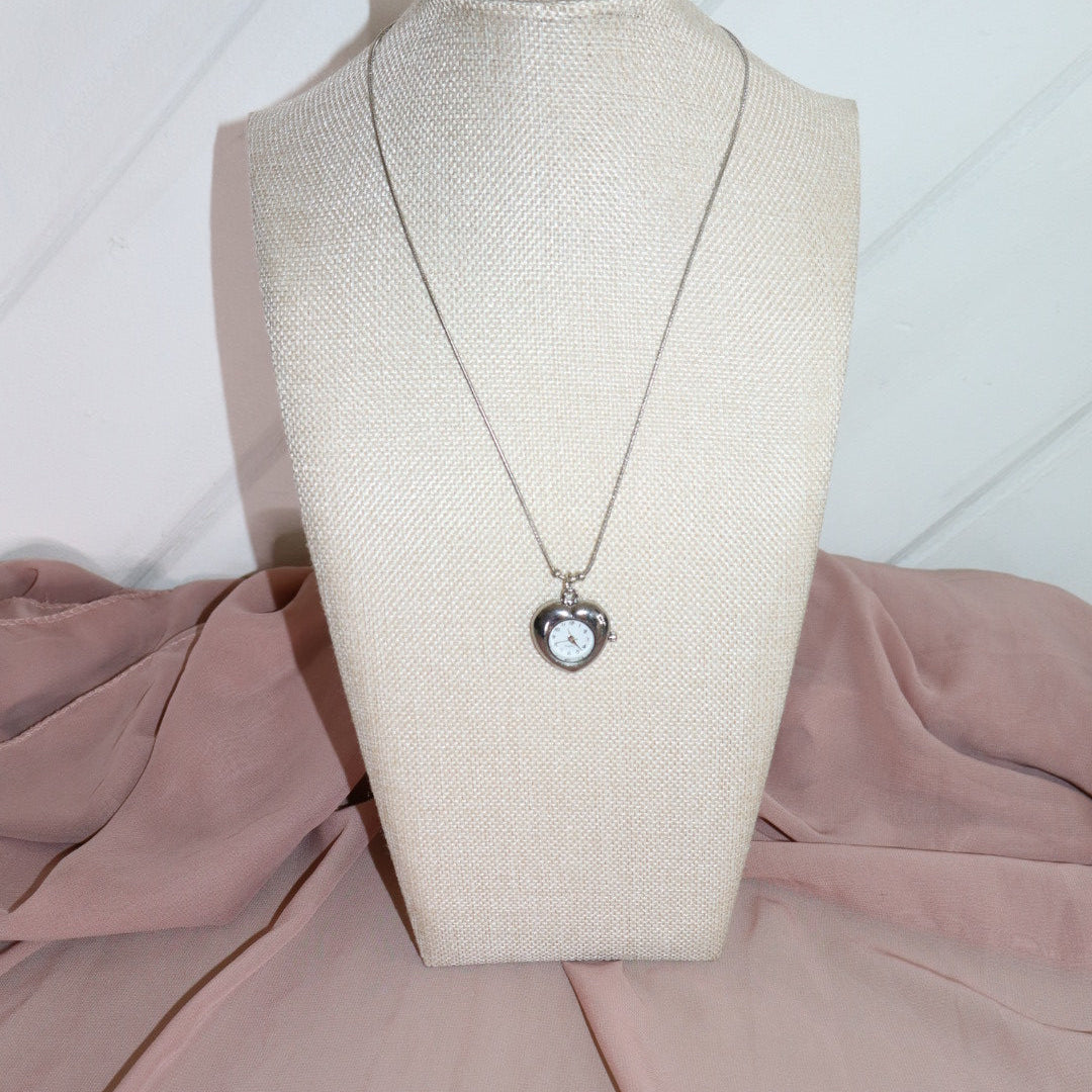 silver heart shaped watch necklace