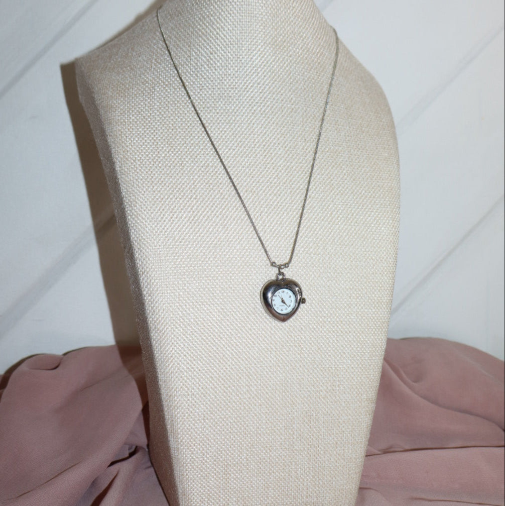 silver heart shaped watch necklace