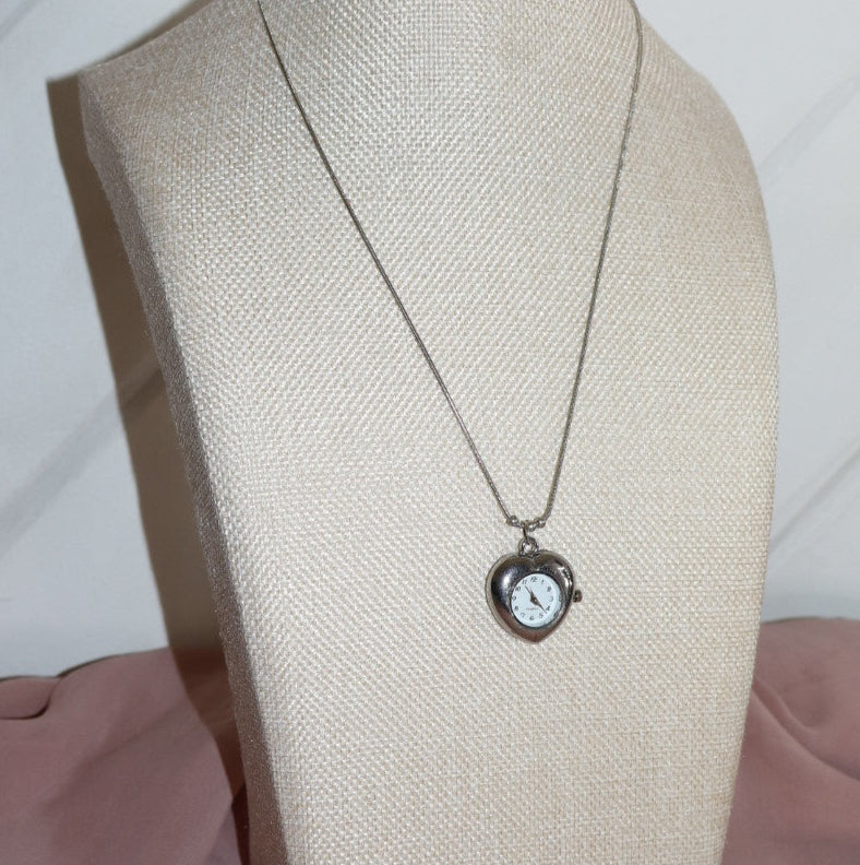 silver heart shaped watch necklace