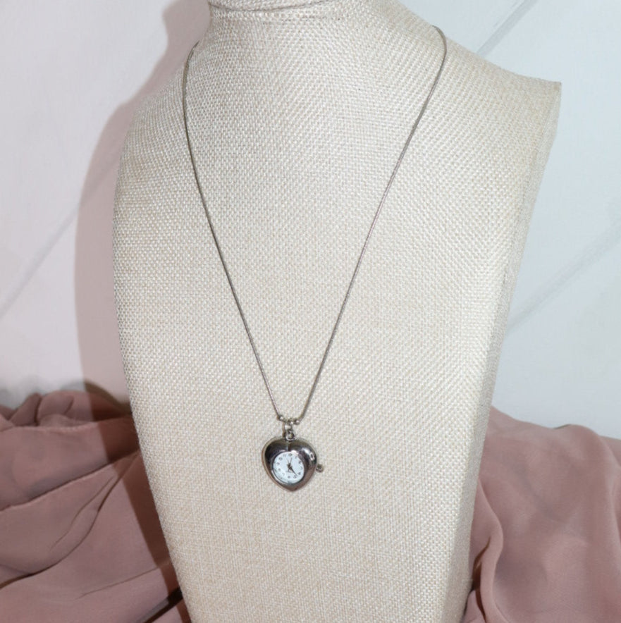 silver heart shaped watch necklace