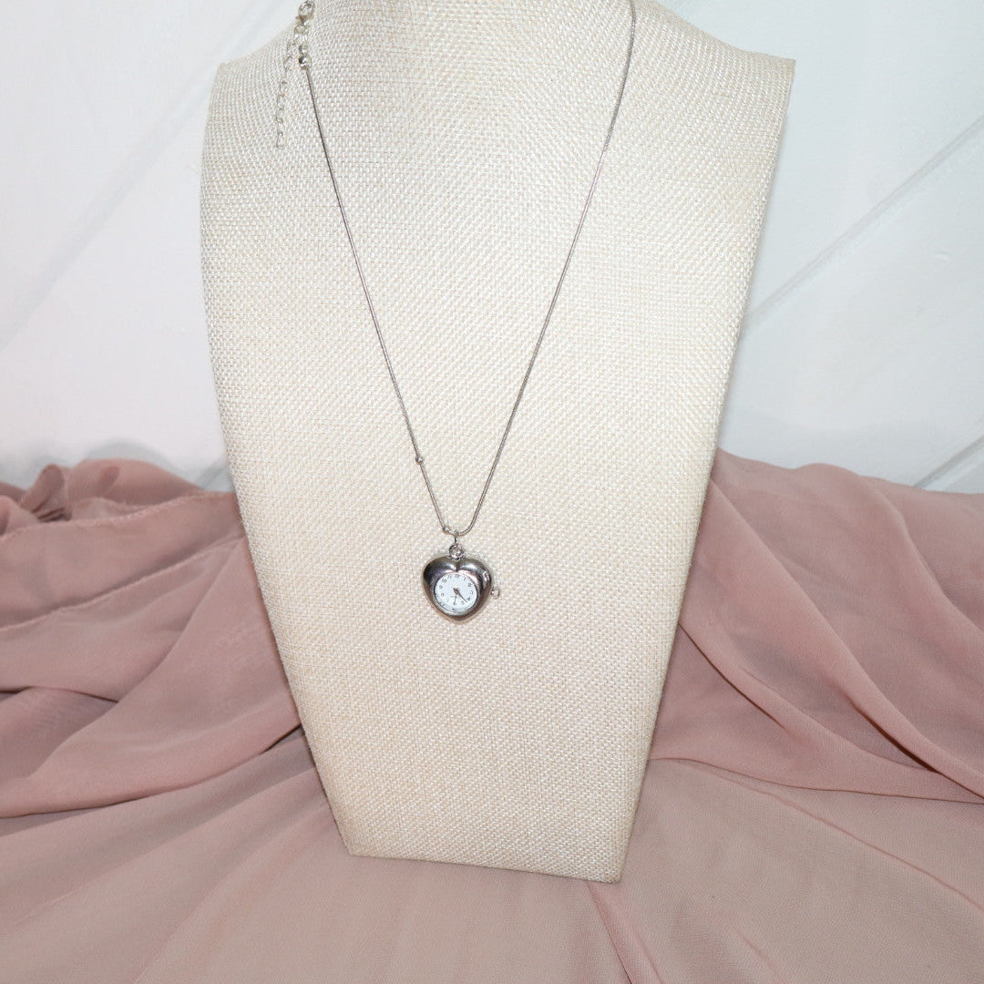 silver heart shaped watch necklace