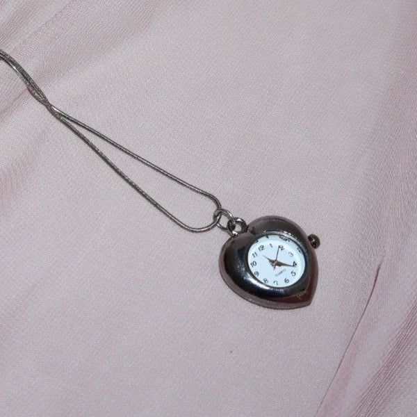 silver heart shaped watch necklace