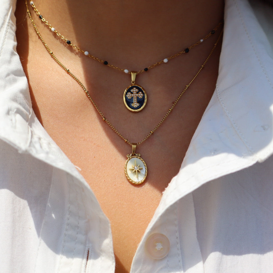 Blue and white beaded cross 18k gold plated necklace