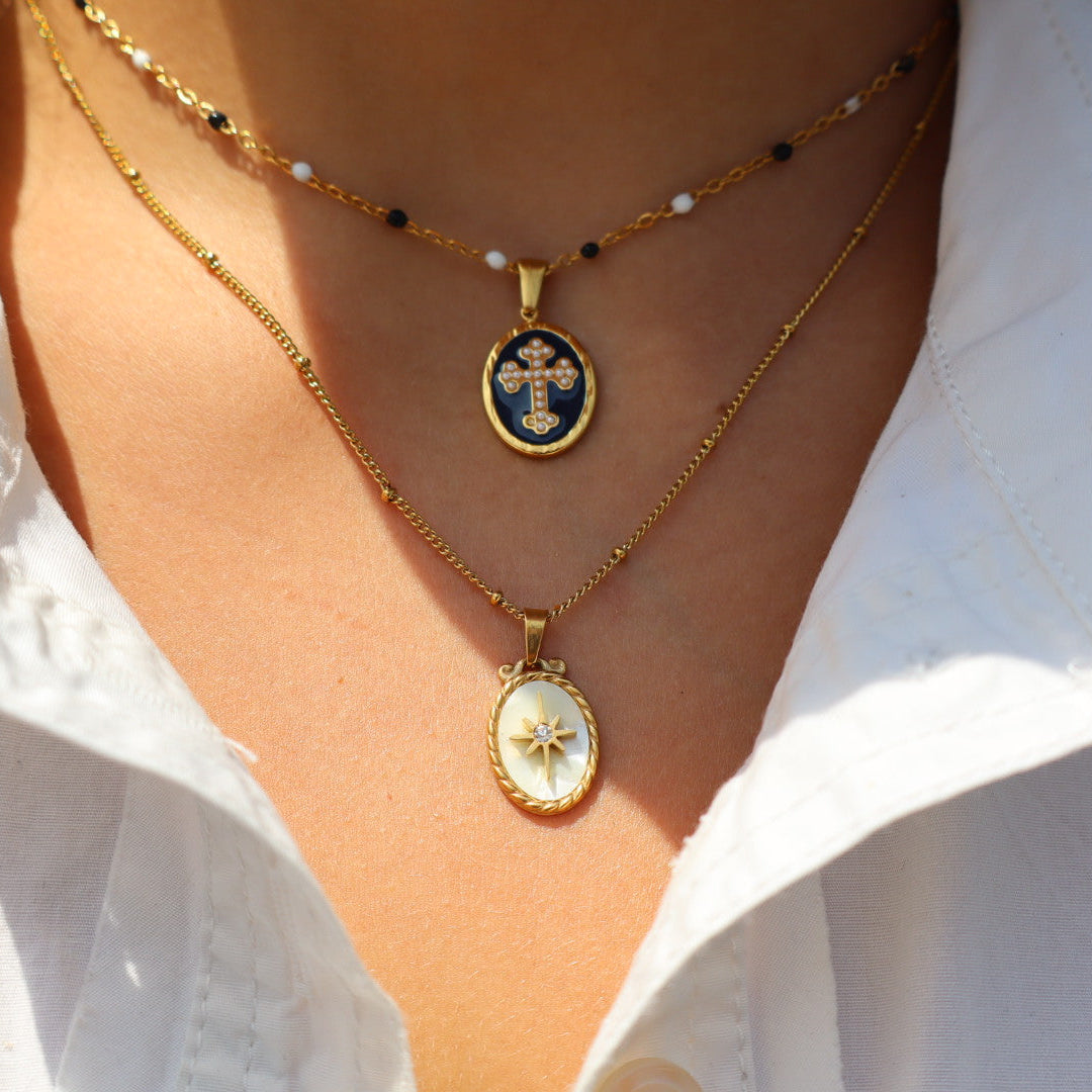 Blue and white beaded cross 18k gold plated necklace