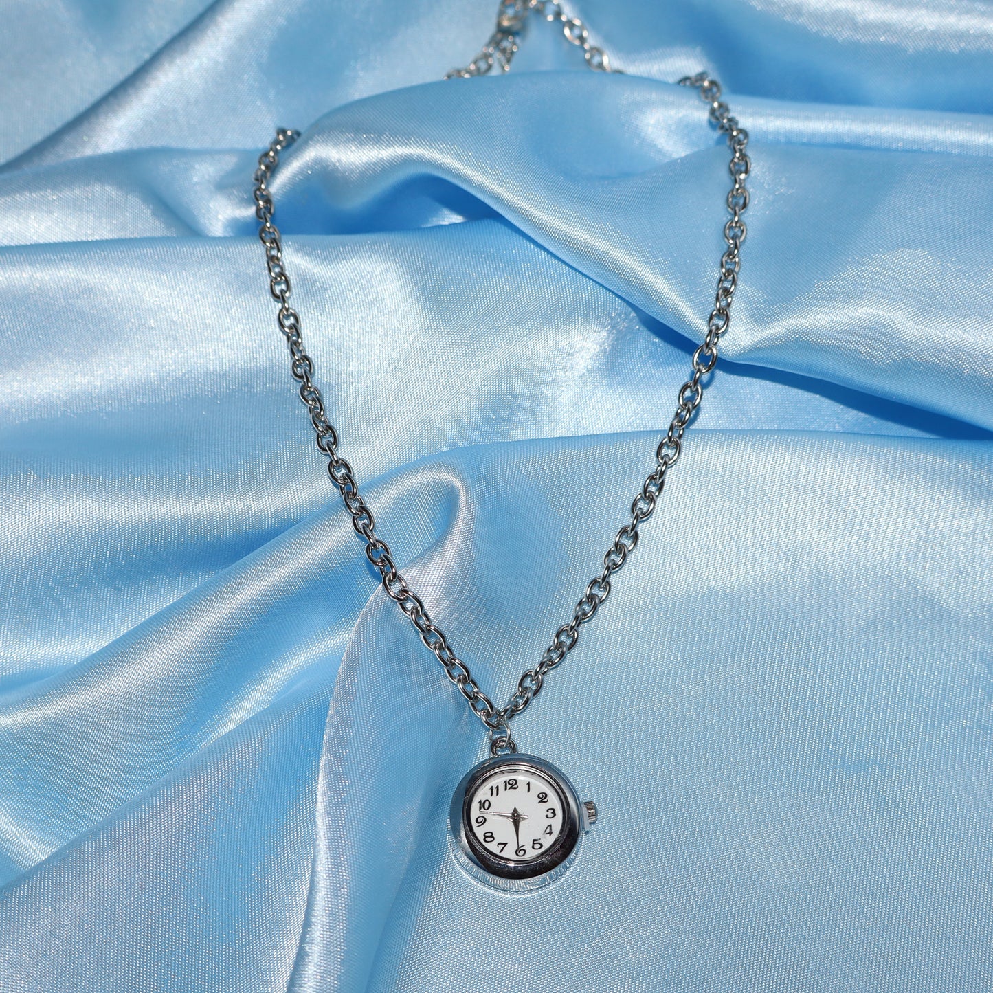 silver watch clock pendant necklace