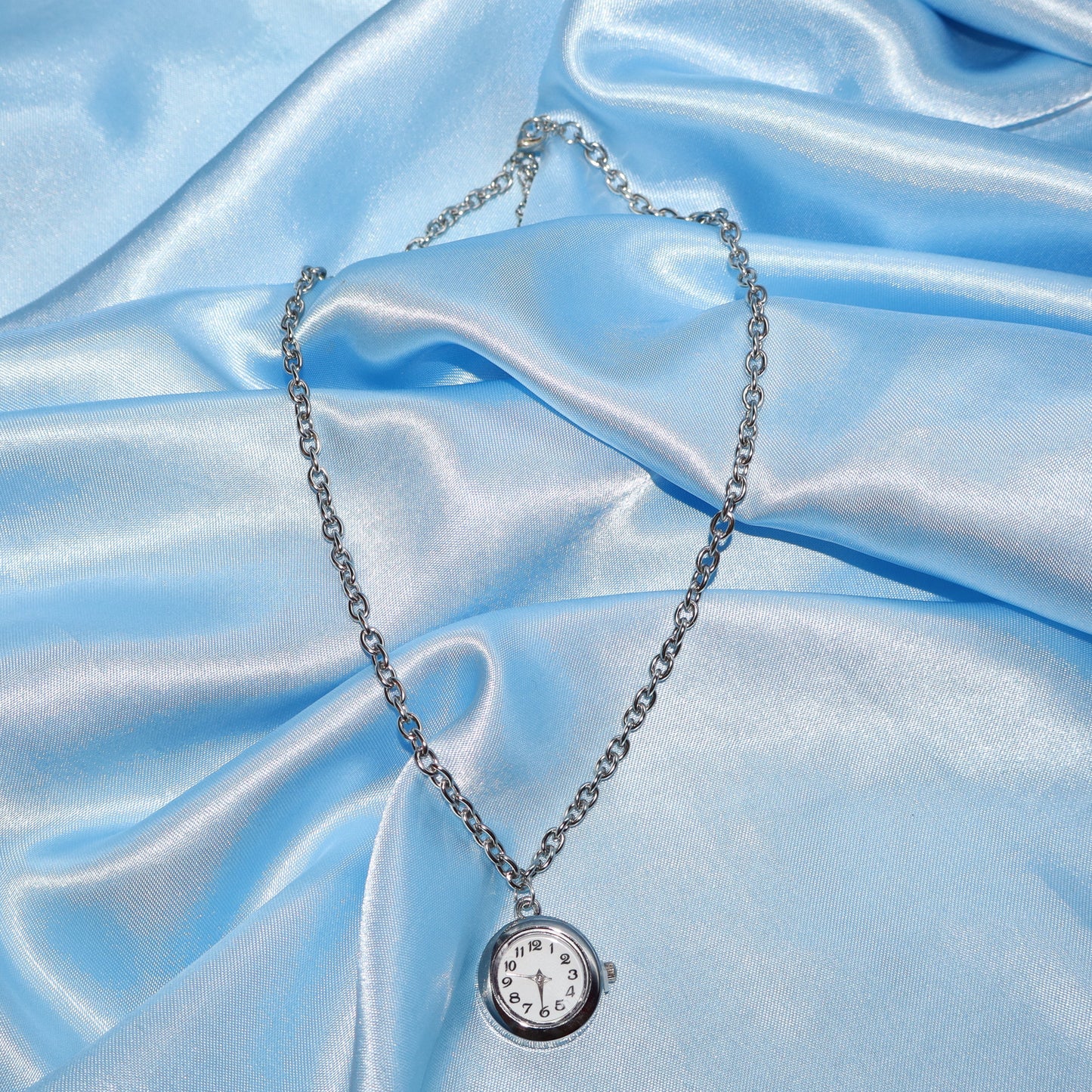 silver watch clock pendant necklace