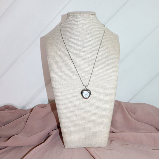 silver heart shaped watch necklace