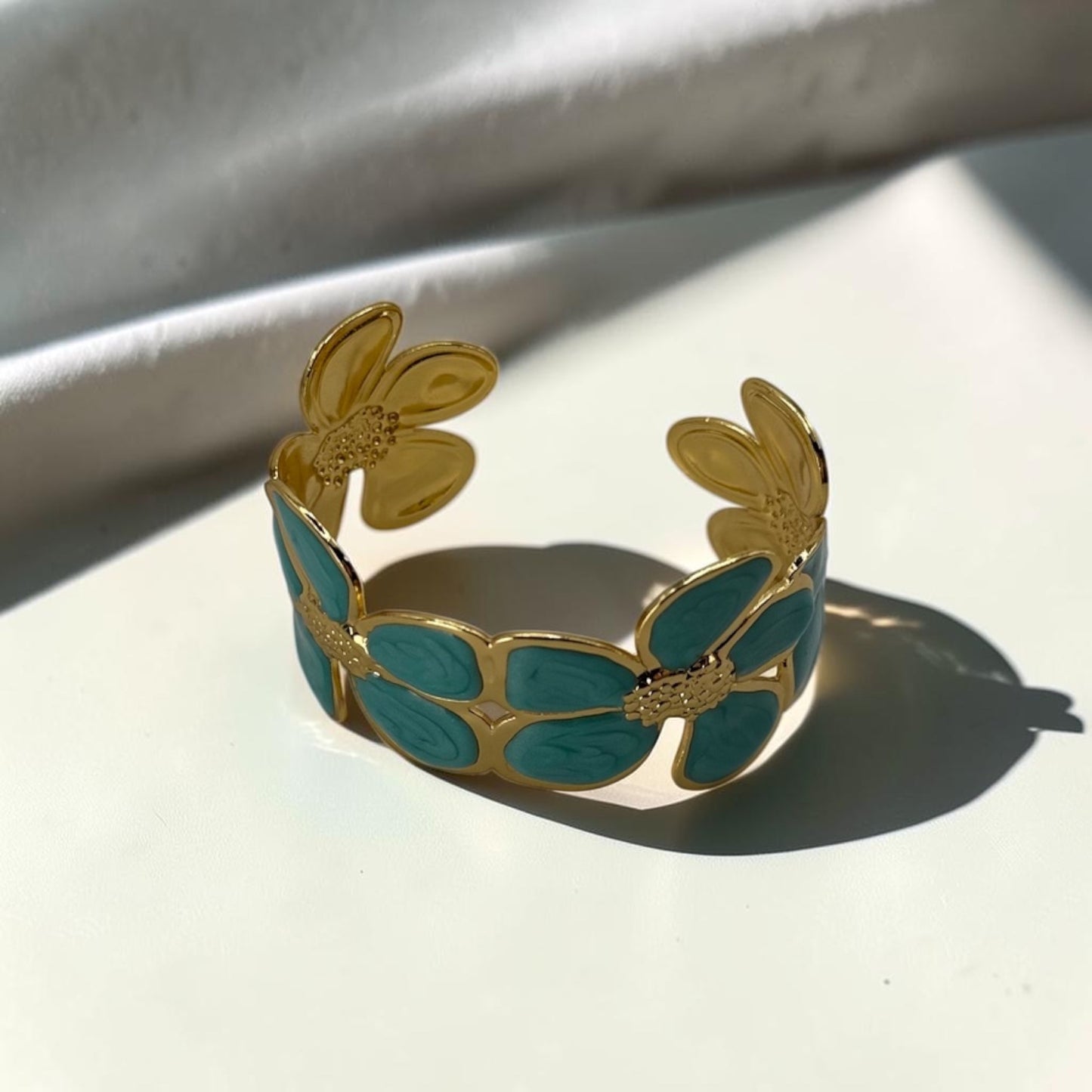 Teal Daisy Bloom Cuff Bangle 18k Gold Plated