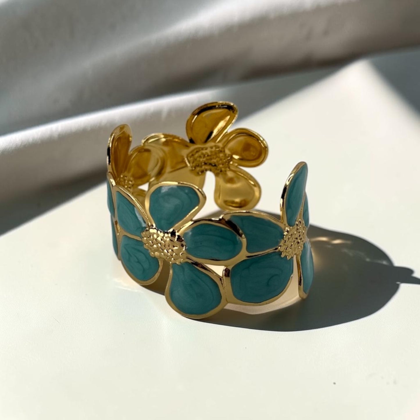 Teal Daisy Bloom Cuff Bangle 18k Gold Plated