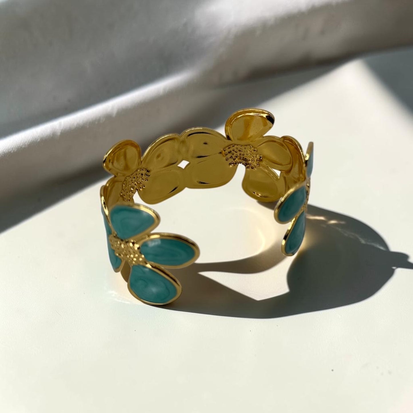 Teal Daisy Bloom Cuff Bangle 18k Gold Plated