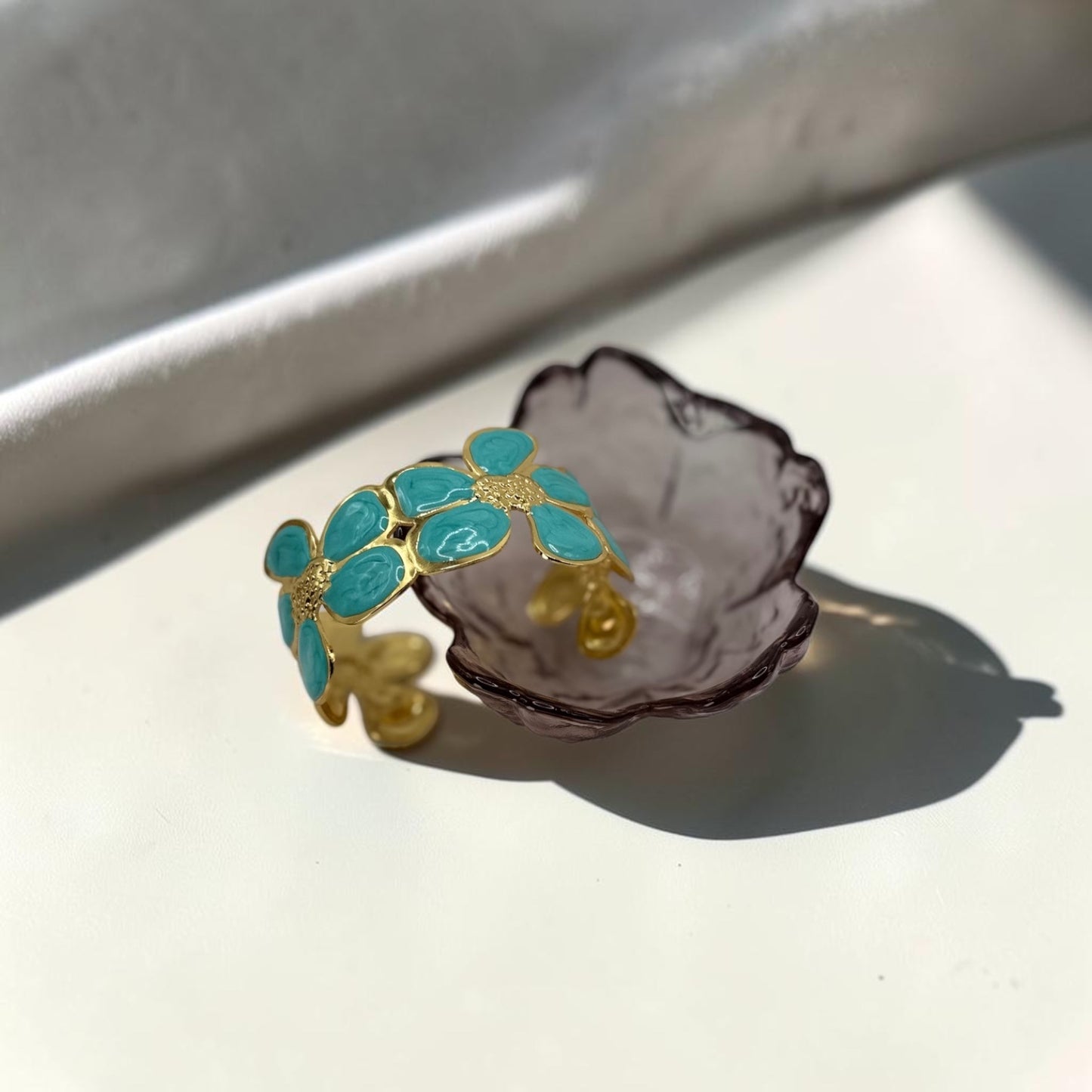 Teal Daisy Bloom Cuff Bangle 18k Gold Plated