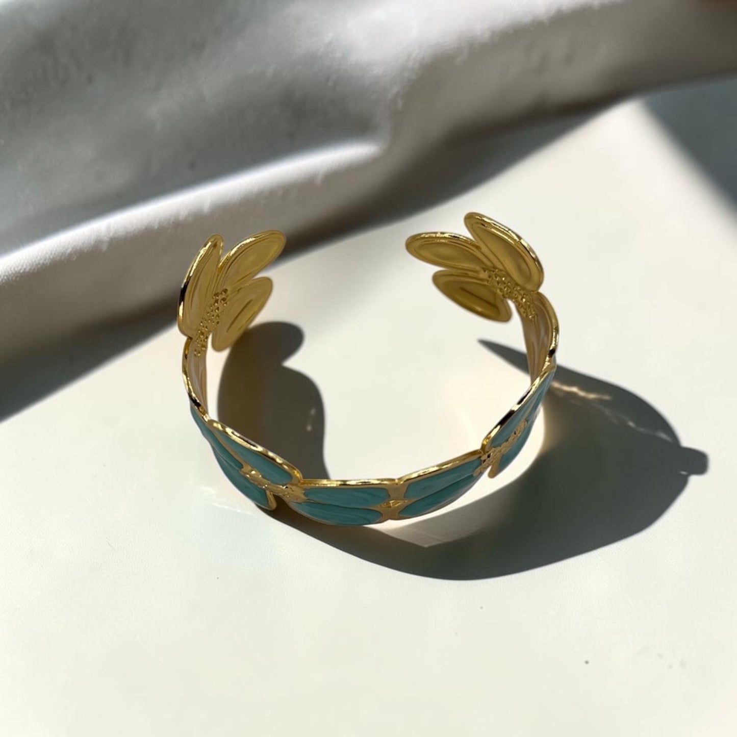 Teal Daisy Bloom Cuff Bangle 18k Gold Plated