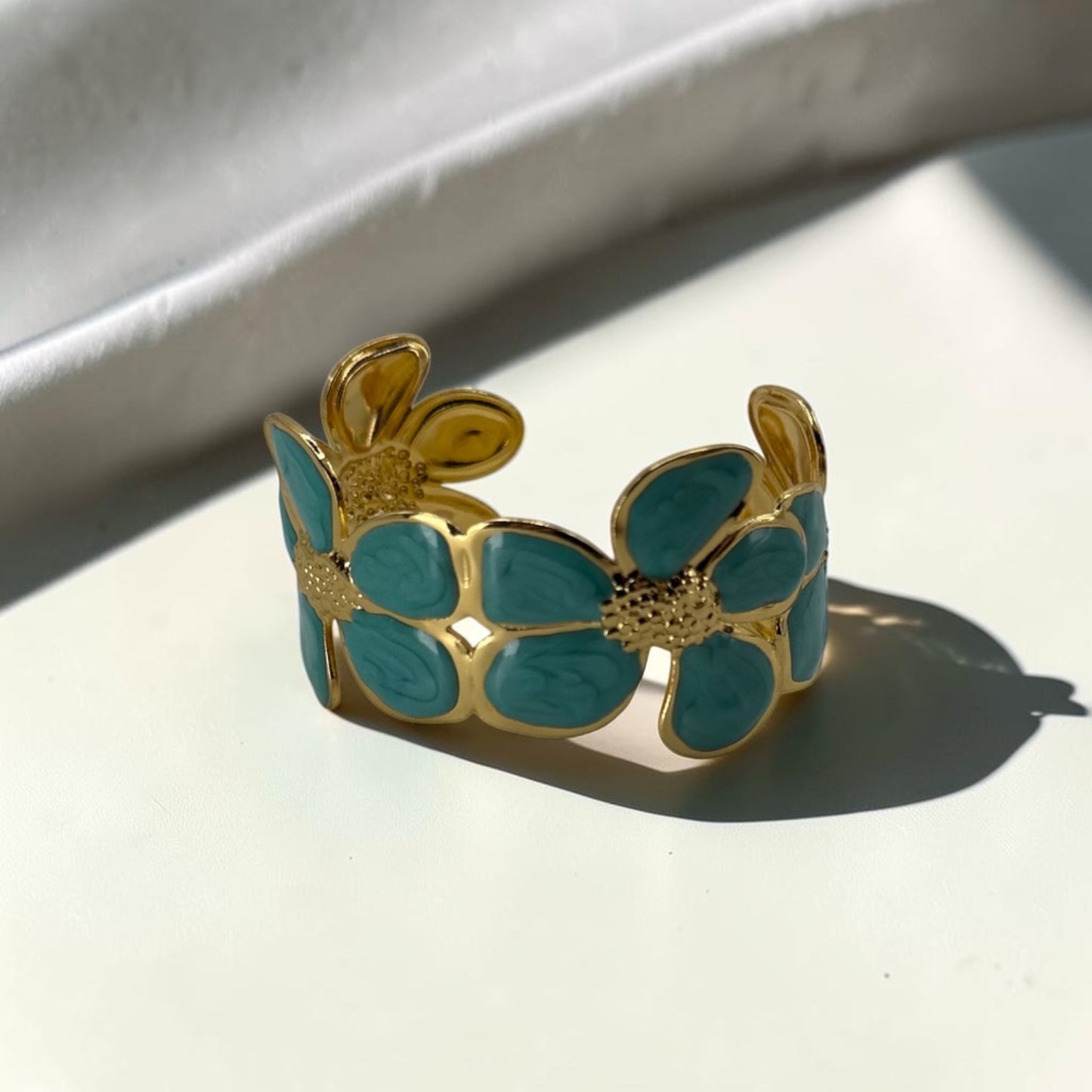 Teal Daisy Bloom Cuff Bangle 18k Gold Plated