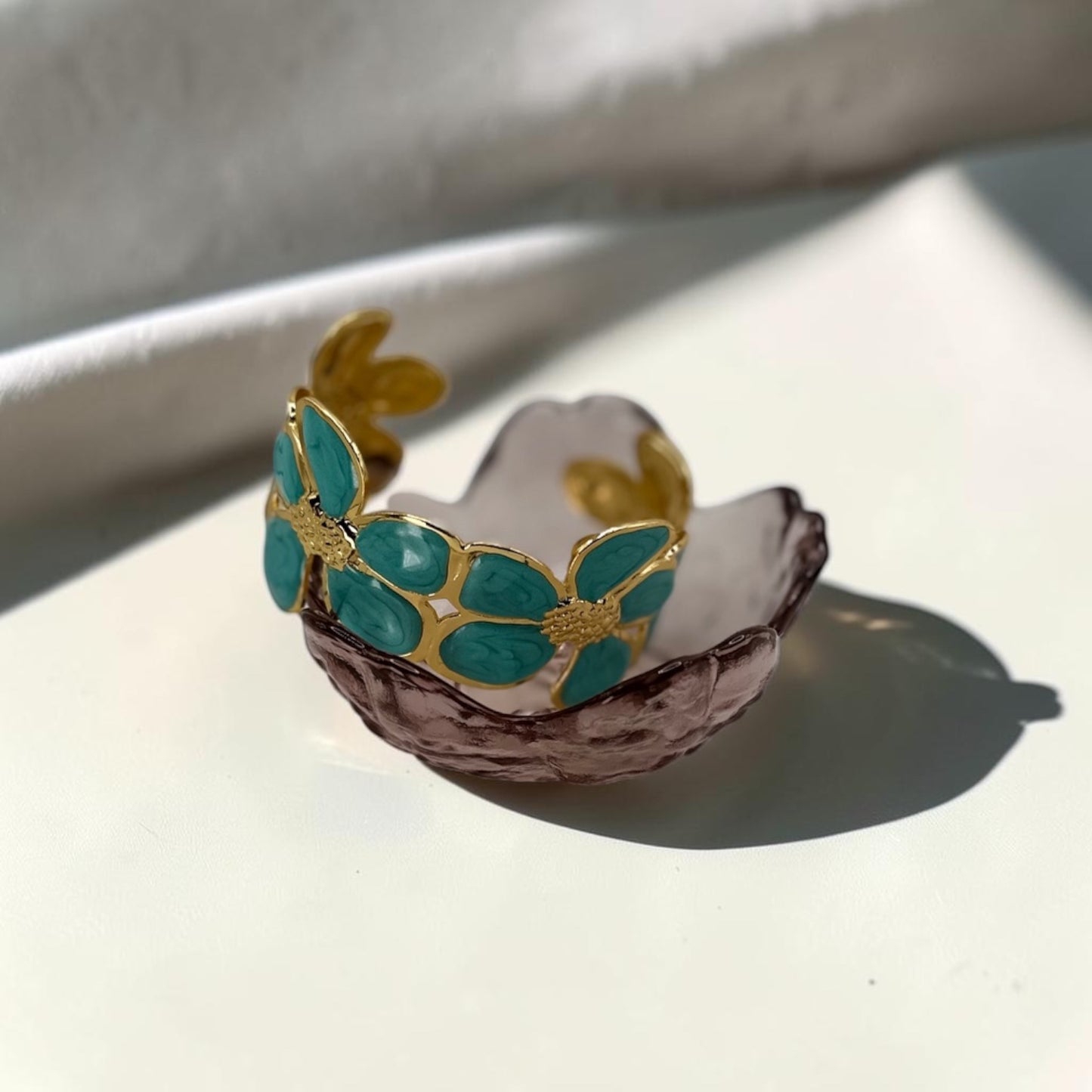 Teal Daisy Bloom Cuff Bangle 18k Gold Plated