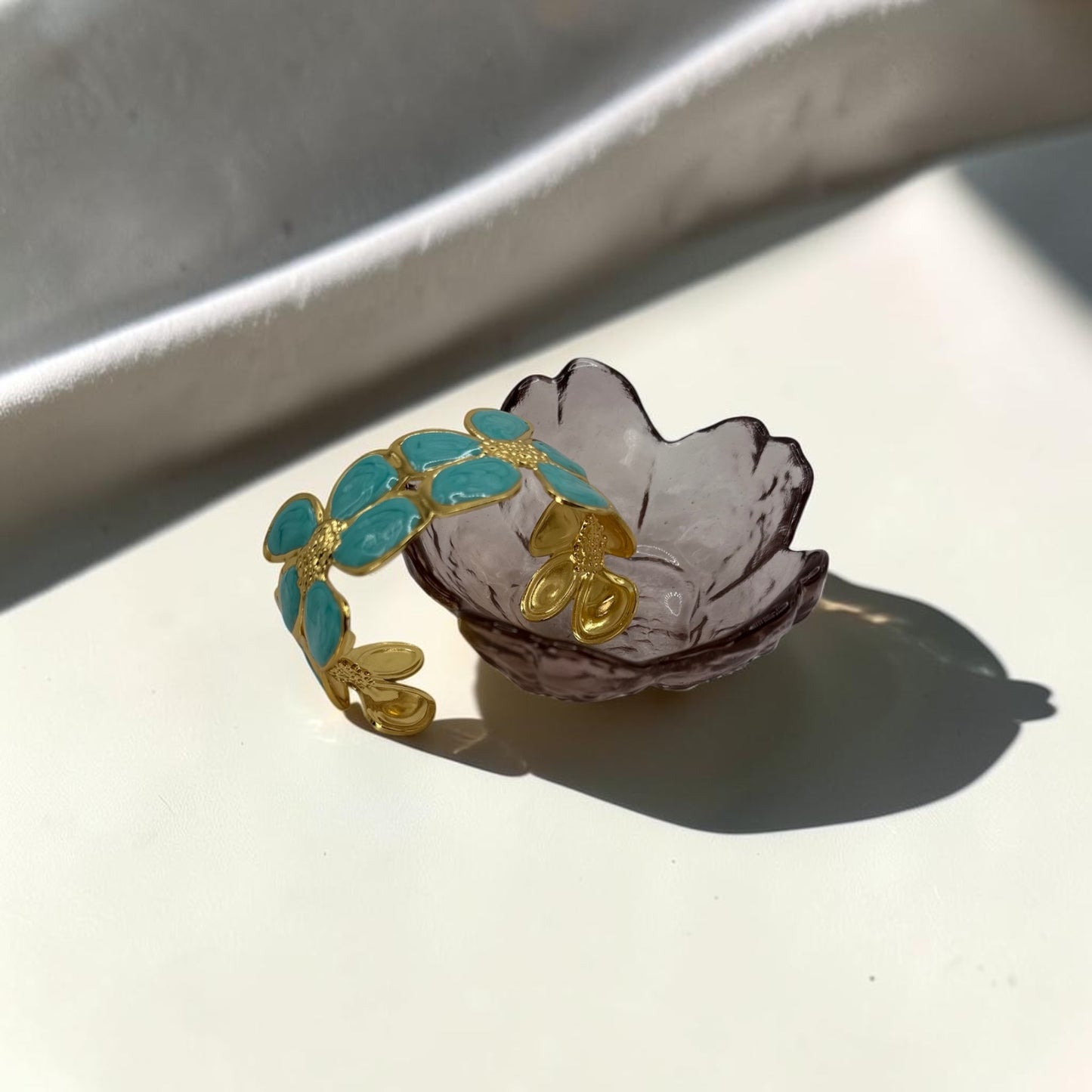 Teal Daisy Bloom Cuff Bangle 18k Gold Plated