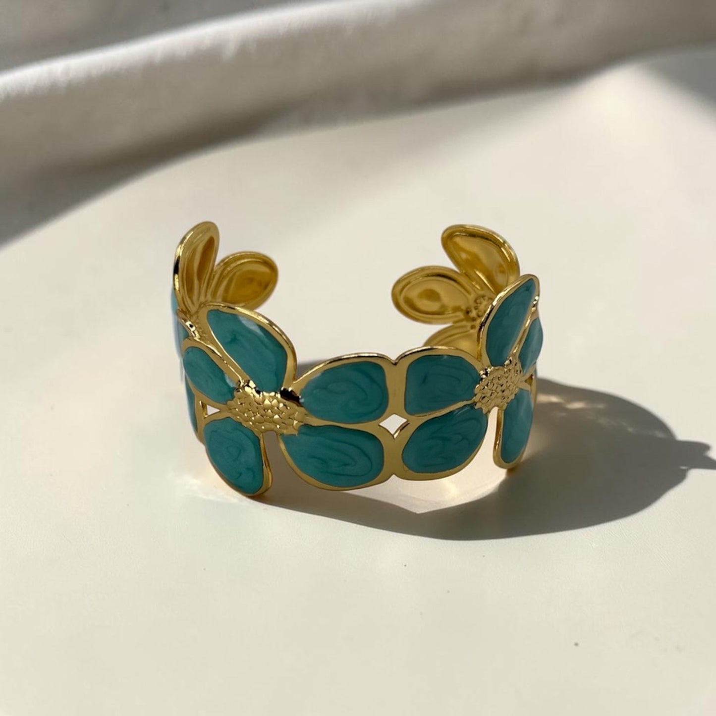 Teal Daisy Bloom Cuff Bangle 18k Gold Plated