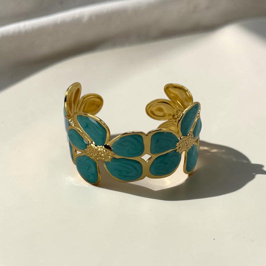 Teal Daisy Bloom Cuff Bangle 18k Gold Plated