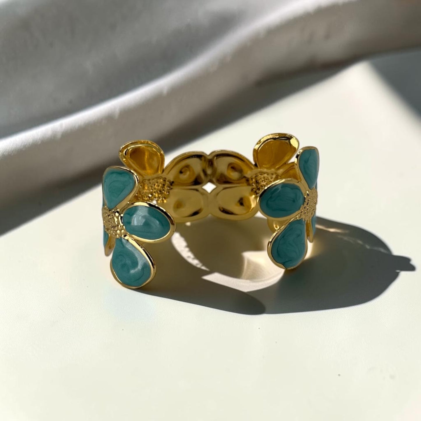 Teal Daisy Bloom Cuff Bangle 18k Gold Plated
